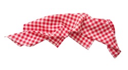 Red checkered towel isolated,kitchen checked picnic red cloth. Food decor.