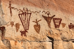 The Horseshoe Panel, a collection of ancient pictographs rock art near The Great Gallery in Horseshoe Canyon (formerly Barrier Canyon) in Canyonlands National Park, Utah, United States.