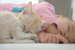 Baby and cat sleeping together, cute childhood friendship