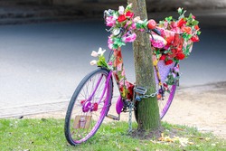 Bicycle decorated with artificial flowers parked under the tree in the park, Colourful flowers on bicycle, Cycling is a common mode of transport in the Holland, Amsterdam, Netherlands.