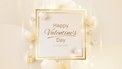 Valentine day background with square frame and realistic heart shape elements and golden lines.