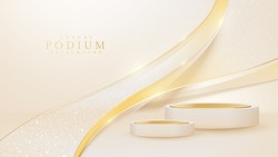 Realistic cream podium with elegant golden curve decoration and glitter light effect.
