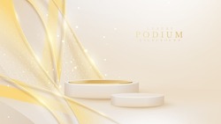 Realistic cream podium with elegant golden curve decoration and glitter light effect.
