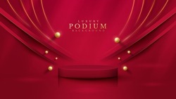 Red product display podium with golden curve line and 3d ball elements with bokeh decoration and glitter light effect.