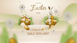 Podium and 3d realistic bunny with gold easter egg elements and flower with grass decorations.