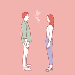The man and the woman are standing facing each other and looking at each other lovingly. hand drawn style vector design illustrations.