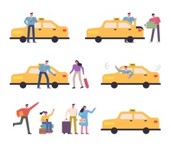 Yellow cab and cab character set waiting for guests. flat design style vector graphic illustration.