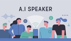 People are gathering around artificial intelligence speakers to experience new technologies. Ad Banner concept illustration. flat design vector graphic style.