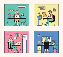 Four workrooms. People who work coolly with fans and air conditioners. Configure rectangular frame. flat design style minimal vector illustration.