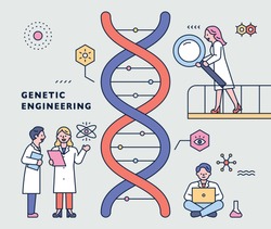 Scientists are working in front of a huge gene chain. flat design style minimal vector illustration.