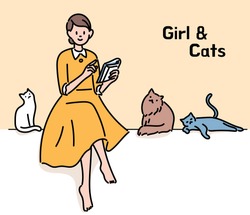 A woman is sitting elegantly and reading a book. Cats are sitting next to her. hand drawn style vector design illustrations. 
