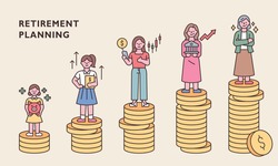 Characters by age are standing on top of stacked coins. outline simple vector illustration.