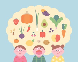 Kids love fresh vegetables and fruits. flat design style minimal vector illustration.