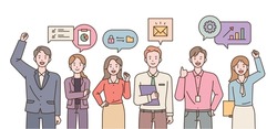 Business team members are standing with confident faces. Business icons are floating above their heads. flat design style vector illustration.