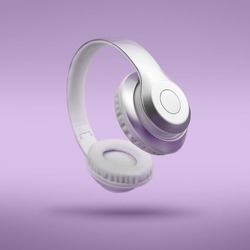 Silver metallic white wireless headphones in the air on Lavendula purple background. Trendy minimal music device flying levitation concept of accessories. New technologies. Closeup high resolution