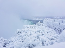 Niagarafalls behind frozen trees and bricks 