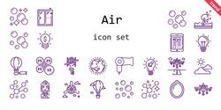 air icon set. line icon style. air related icons such as propeller, idea, runway, hurricane, ozone layer, petals, cloudy, tablet, stewardess, hot air balloon, helicopter, airplane, hairdryer, bubbles