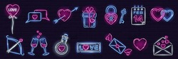 Set of neon Valentine icons on dark brick wall background: heart with arrow, letter, chat, gift box, heartshape balloon, intertwined hearts. Love, romance, wedding concept. Vector 10 EPS illustration.