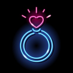 Neon icon of finger ring with heart isolated on black background. Love, wedding, St. Valentine Day, dating concept. Vector 10 EPS illustration.