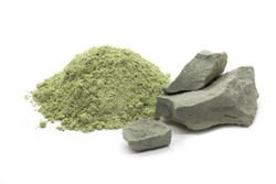 Green cosmetic clay in pieces and powder