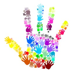 Colorful human handprint which is made up of multicolored small handprints. Vector art image in many rainbow colors, blue, green, red, orange, pink, purple, gray, yellow isolated on white background