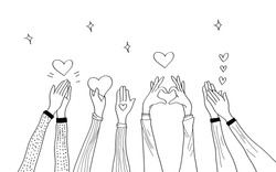 hand drawn of hands up. hands clapping. Concept of charity and donation. Give and share your love to people. hands gesture on doodle style , vector illustration