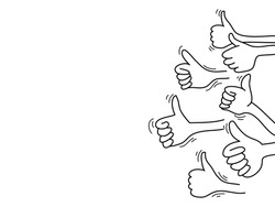 doodle hands up set. thumbs up hand drawn. isolated on white background. vector illustration