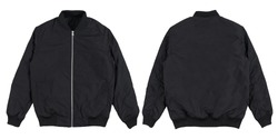 Bomber jacket black color in front and back view isolated on white background.