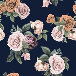 Seamless floral pattern with of roses on dark background, watercolor. Vector illustration.
