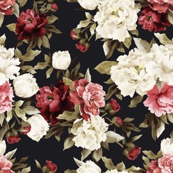 Seamless floral pattern with roses on dark background, watercolor. Vector illustration.