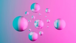 Abstract background with dynamic 3d spheres floating in space, Pastel pink and blue colors, Modern trendy banner or poster design, 3D render illustration, dimensional geometric shapes