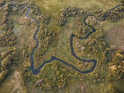 Aerial dron photo of twisted river Pasłęka in Poland. Vertical drone view. Lovely summer sunrise light.