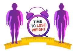 Time to Lose Weight. Weight loss concept. Fat and thin man and woman. 