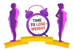 Weight loss. The influence of diet on the weight of the person. Man and woman before and after diet and fitness. Weight loss concept. Fat and thin man and woman.