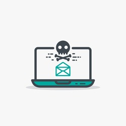 Email with malware and laptop concept. Opened mail envelope and malware or virus skull and bones sign. Modern line style vector illustration. Notebook with e-mail and harmful software.