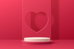 Realistic red and white 3D cylinder pedestal podium with window heart shape background. Valentine minimal scene for products showcase, Promotion display. Vector abstract studio room  platform design.