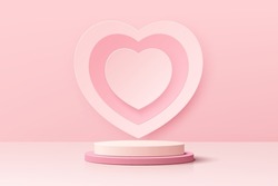 Realistic pink and white 3D cylinder pedestal podium with heart shape symbol background. Valentine minimal scene for products showcase, Promotion display. Vector abstract studio room  platform design.