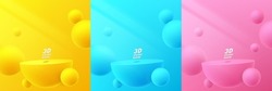 Set of realistic 3d yellow, blue and pink podium floating in abstract room with sphere ball flying. Vector geometric forms. Minimal scene for mockup products stage for showcase, Promotion display.