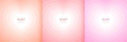 Set of tunnel concentric hearts in pink, orange and soft red background. Valentines day romantic cute elements collection design. Pastel aesthetic hearts backdrop with copy space. Vector illustration