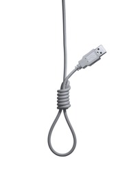 An isolated gallows's rope made out of a white USB wire.
