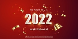 2022 Happy New Year vector holiday on red background. Shiny party background. White Numeral 2022 with glitter gold confetti and serpentine. Festive premium template for holiday. Vector illustration.