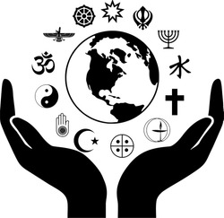 World Religious Symbols with Open Hands and Earth Globe Silhouette