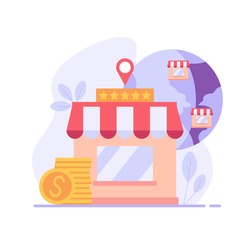 Ready business for a franchise. Buying a finished firm or brand. Concept of business industry, franchising, bizopp, distribution. Vector illustration in flat design.