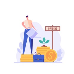 Man invests in share, receive dividends. Concept of return on investment, financial solutions, passive income, equity stake. Vector illustration in flat design for web banner, landing page