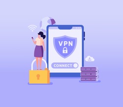Woman using VPN for smartphone or phone. User protecting personal data with VPN service. Concept of virtual private network, сyber security, secure web traffic, data protection. Vector illustration