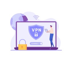 Man using VPN for laptop or computer. User protecting personal data with VPN service. Concept of virtual private network, сyber security, secure web traffic, data protection. Vector illustration