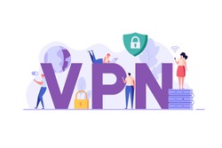 People using VPN for computer, smartphone with VPN sign. Users protecting personal data with VPN service. Concept of virtual private network, сyber security, data protection. Vector illustration