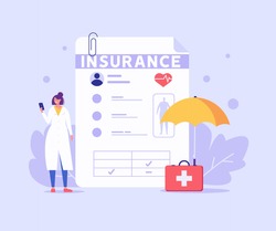 Medical insurance. Concept of health insurance and life insurance. Protection of health and life of people with document of insurance. Healthcare and medical service. Vector illustration in flat 