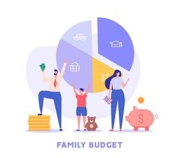 Family budget planning. Yong couple with child saving money and planning with piggy bank, calculator and coins. Concept of Family money, household finance. Vector illustration in flat cartoon design