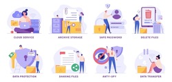 Data protection and cloud storage vector illustration set. People protecting files with safe password, sharing document and cleaning phone. Collection of archive storage, anti-spy, delete trash files